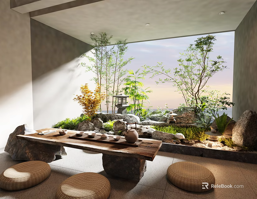 Tranquil Villa Balcony With Stone Table Stools Green Plants Lantern And Rockery 3d model 