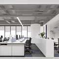 Modern Public Office Space Interior With Yellow Mesh Ceiling Office Desks Computers And Potted Plants