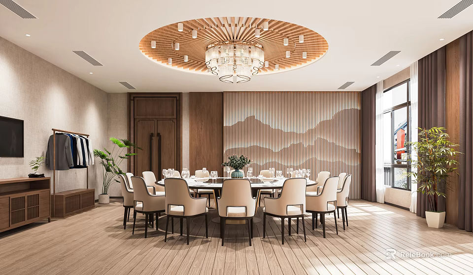 Private Dining Room With Round Table Elegant Chairs Ceiling Chandelier And Wavy Accent Wall 3d model 