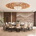 Private Dining Room With Round Table Elegant Chairs Ceiling Chandelier And Wavy Accent Wall