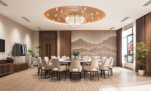 New Chinese Style Room Restaurant Box Catering Room Hotel Catering Room Round Dining Table Background Wall Art Chandelier 3d model