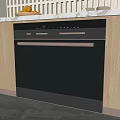 Modern Black Kitchen Dishwasher with Wooden Cabinets Countertop Oranges Bowls and Lattice Background
