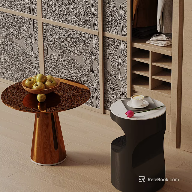 Wooden And Black Side Tables Displaying Apple Bowl Coffee Cup And Rose Against Textured Wall 3d model 