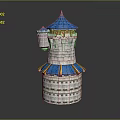 Detailed Blue And White Brick Tower Model With Spire Roof Yellow Trim And Cylindrical Structure
