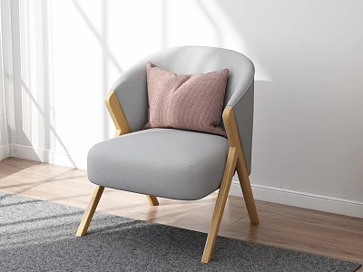 Gray Accent Chair With Wooden Legs And Pink Cushion In Bright Sunlit Room 3d model