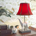 Traditional Console Table With Red Lampshade White Ceramic Horse And Decorative Pieces
