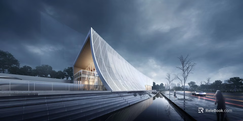 Modern Sales Office Building With Glass Facade Geometric Roof And Waterfront View 3d model 
