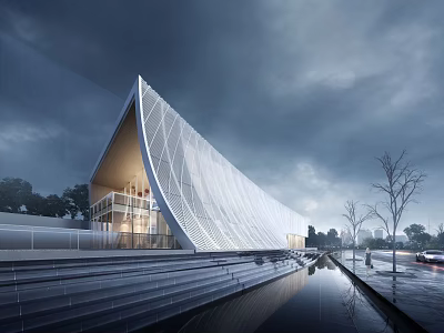 Modern Sales Office Building With Glass Facade Geometric Roof And Waterfront View 3d model