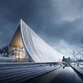Modern Sales Office Building With Glass Facade Geometric Roof And Waterfront View