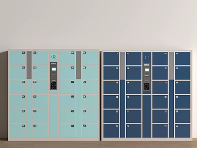 Light Blue And Dark Blue Wardrobe With Numbered Doors And Electronic Locks In Two Rows 3d model