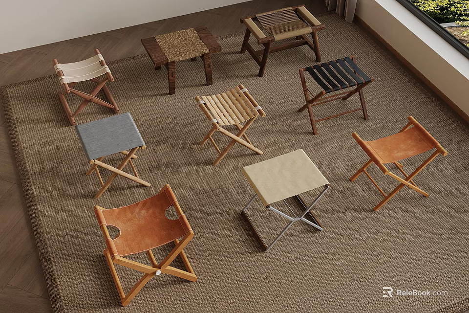 Various Folding Chairs And Small Tables With Wooden Leather And Woven Materials On Carpet 3d model 