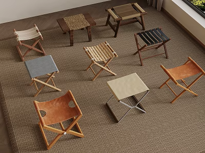 Various Folding Chairs And Small Tables With Wooden Leather And Woven Materials On Carpet 3d model