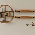 Circular Bamboo Bookshelf With Books Vases And Horizontal Shelves Red Berry Branch