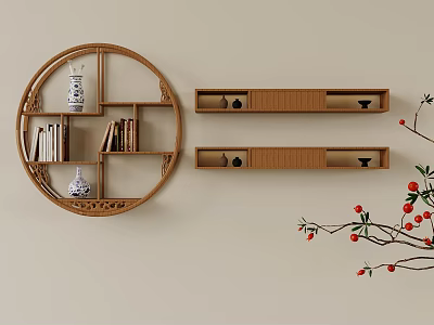 Circular Bamboo Bookshelf With Books Vases And Horizontal Shelves Red Berry Branch 3d model