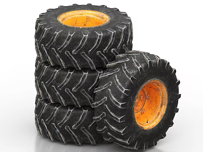 Stacked Black Tires With Deep Tread Pattern And Orange Rims On White Background 3d model
