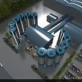 Industrial Plant with Blue and White Silos Yellow Concrete Mixers and Surrounding Flowers