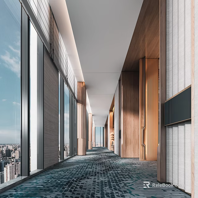Banquet Hall Corridor With Large Windows City View Wooden Gray Walls And Dark Patterned Carpet 3d model 
