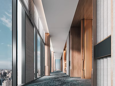 Banquet Hall Corridor With Large Windows City View Wooden Gray Walls And Dark Patterned Carpet 3d model