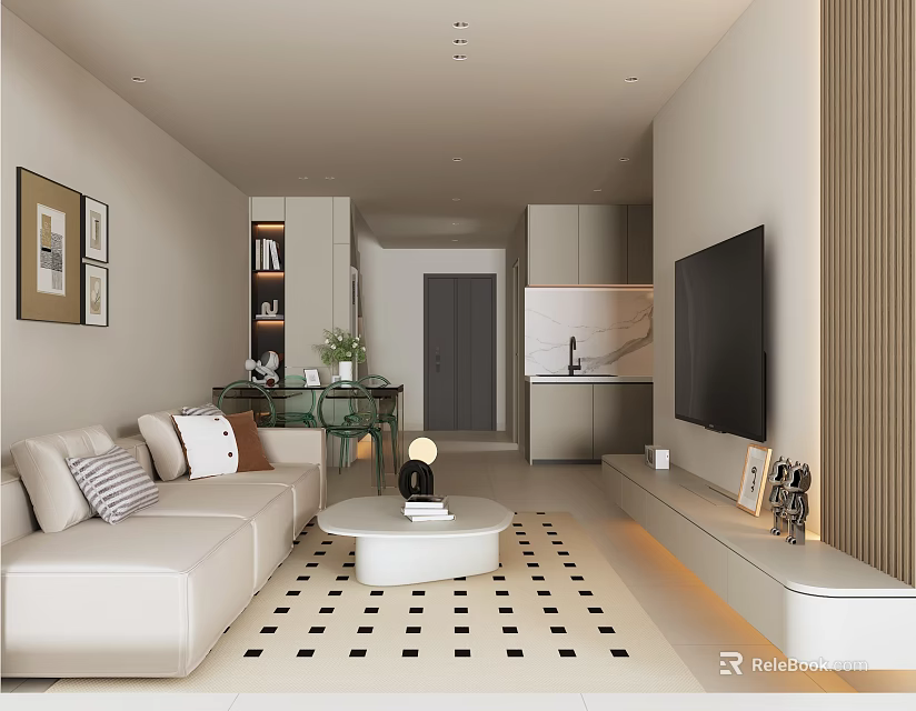 Modern Living Dining Room Interior With Light Beige Sofa Geometric Rug And Open Kitchen 3d model 