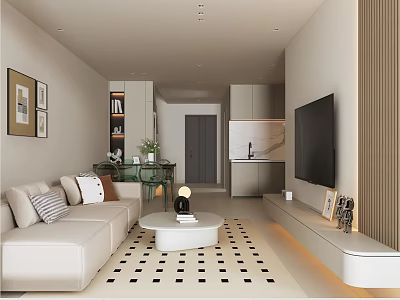 Modern Living Dining Room Interior With Light Beige Sofa Geometric Rug And Open Kitchen 3d model
