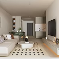 Modern Living Dining Room Interior With Light Beige Sofa Geometric Rug And Open Kitchen