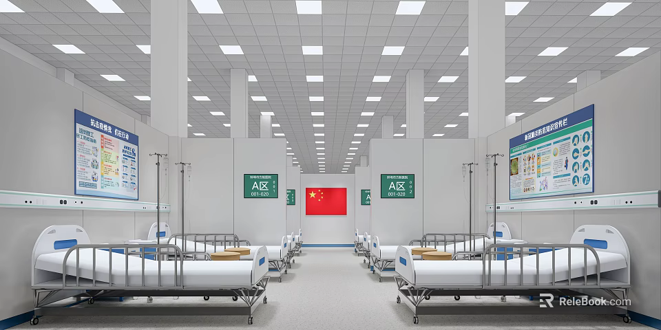Hospital Ward Interior With Multiple Beds Green Signs Chinese Flag And Ceiling Lights 3d model 