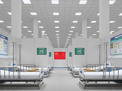 Hospital Ward Interior With Multiple Beds Green Signs Chinese Flag And Ceiling Lights 3d model