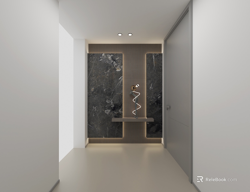 Modern Entryway Hallway Design With Marble Wall And Recessed Lighting 3d model 