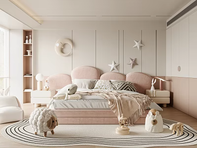 Cozy Kids Room Interior With Pink Headboard Star Wall Decor Stuffed Toys And Rug 3d model