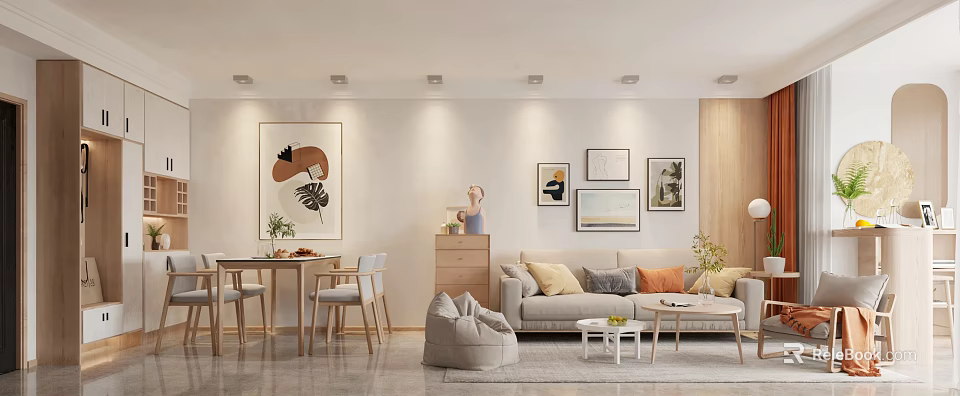 Modern Open Living And Dining Room Interior With Sofa Dining Table Artworks And Wooden Accents 3d model 