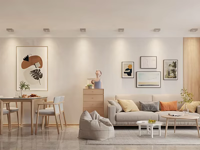 Modern Open Living And Dining Room Interior With Sofa Dining Table Artworks And Wooden Accents 3d model