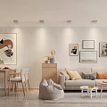 Modern Open Living And Dining Room Interior With Sofa Dining Table Artworks And Wooden Accents
