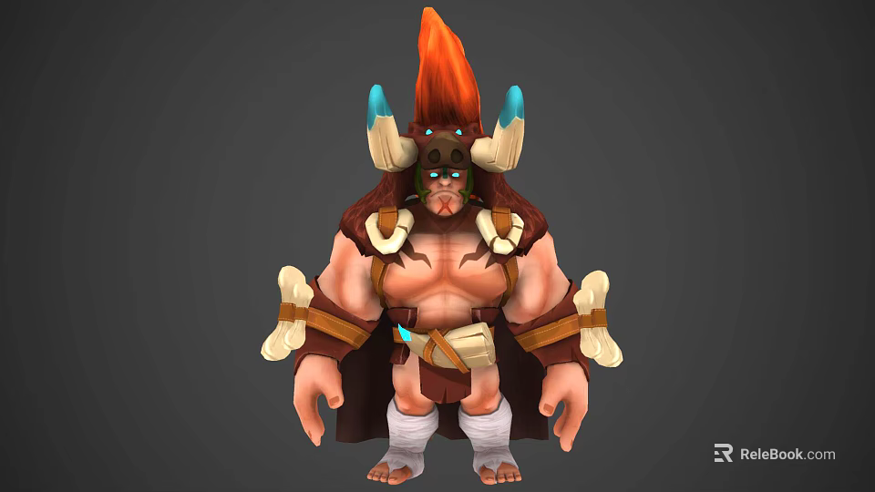 Tribal Warrior Character With Horned Helmet Flaming Red Crest Bone Decorations Brown Cape And Bandaged Legs 3d model 