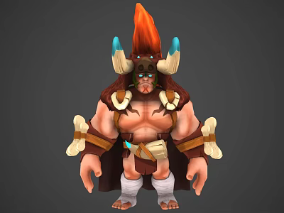 Tribal Warrior Character With Horned Helmet Flaming Red Crest Bone Decorations Brown Cape And Bandaged Legs 3d model