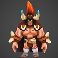 Tribal Warrior Character With Horned Helmet Flaming Red Crest Bone Decorations Brown Cape And Bandaged Legs