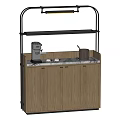 Wooden Sideboard With Marble Countertop Black Metal Shelf Coffee Machine Teapot And Small Cups