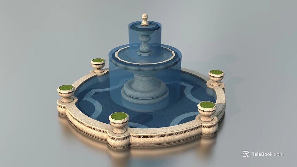 Garden Ornament Multi Tiered Fountain With Circular Basin And Green Topped Stone Pillars 3d model 