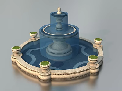 Garden Ornament Multi Tiered Fountain With Circular Basin And Green Topped Stone Pillars 3d model