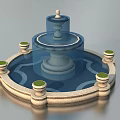 Garden Ornament Multi Tiered Fountain With Circular Basin And Green Topped Stone Pillars