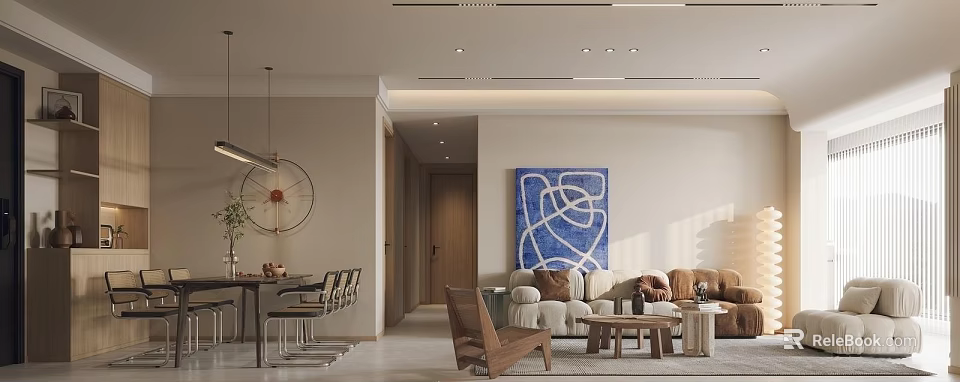 Modern Living Dining Room Interior With Sofa Dining Table Artwork And Pendant Lights 3d model