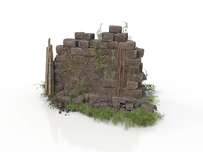 Modern Garden Landscape With Partially Collapsed Brick Wall Weeds And Wooden Sticks 3d model