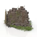 Modern Garden Landscape With Partially Collapsed Brick Wall Weeds And Wooden Sticks