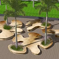 Flower Shaped Natural Stone Tree Planters With Palm Trees And Purple Flowers On Wooden Deck