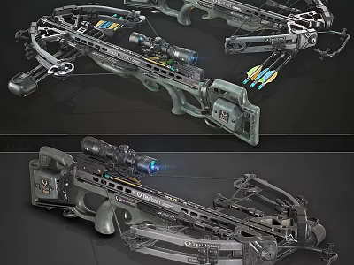 Modern Tactical Compound Bow With Scope Arrows And Mechanical Components 3d model