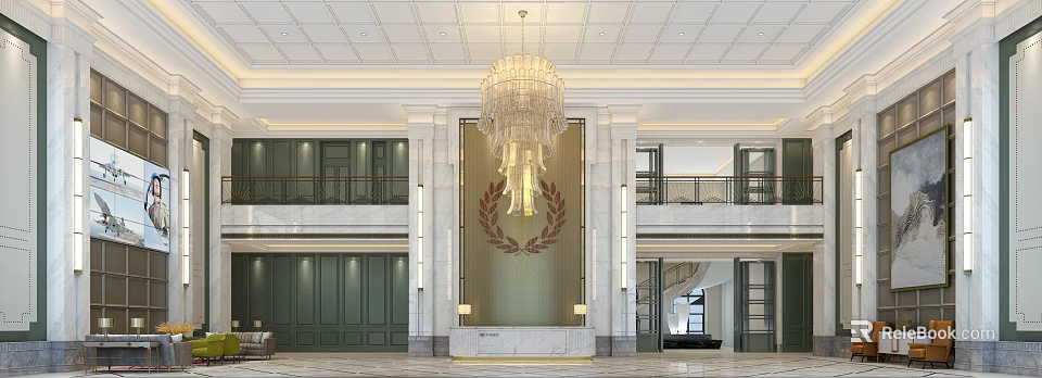 Elegant Hotel Lobby Interior With Crystal Chandelier Marble Wall And Decorative Wreath 3d model 