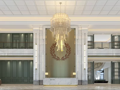 Elegant Hotel Lobby Interior With Crystal Chandelier Marble Wall And Decorative Wreath 3d model