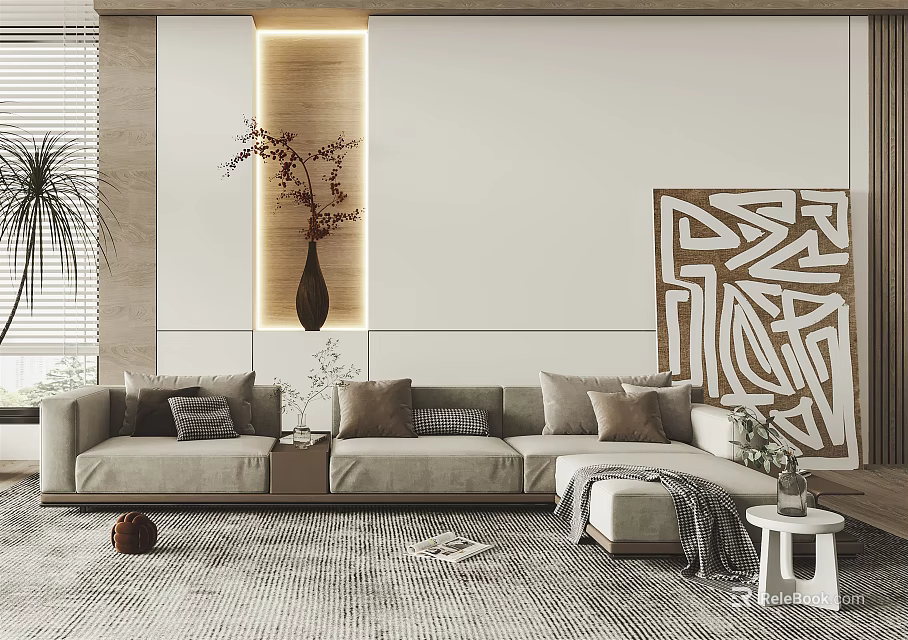 Light Toned Sectional Sofa With Decorative Pillows Neutral Carpet And Geometric Wall Art 3d model