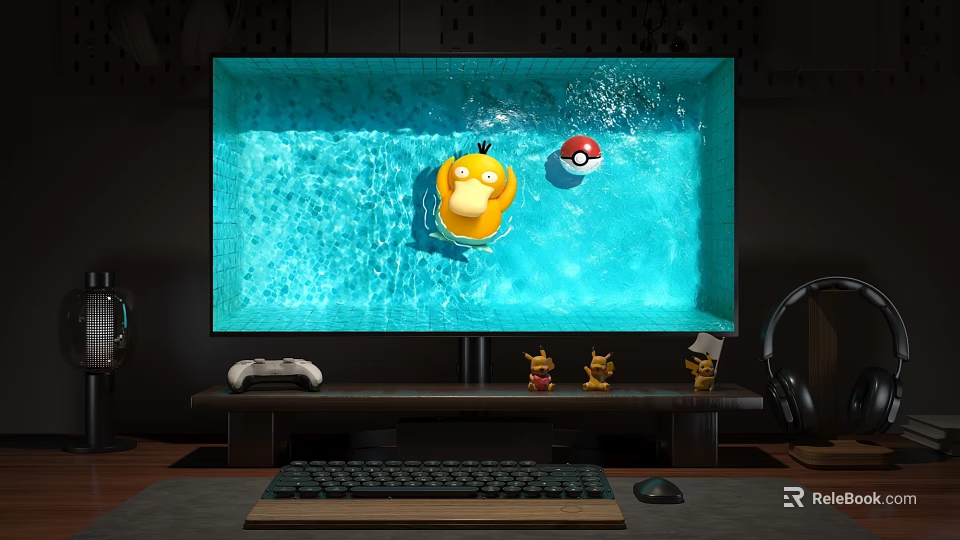 Gaming Computer Monitor Displaying Blue Water Scene With Yellow Duck Poké Ball And Gaming Accessories 3d model 