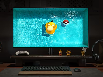 Gaming Computer Monitor Displaying Blue Water Scene With Yellow Duck Poké Ball And Gaming Accessories 3d model