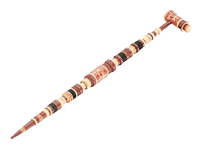 Intricate Handcrafted Wooden Cane With Colorful Striped Rings And Hammer Top 3d model